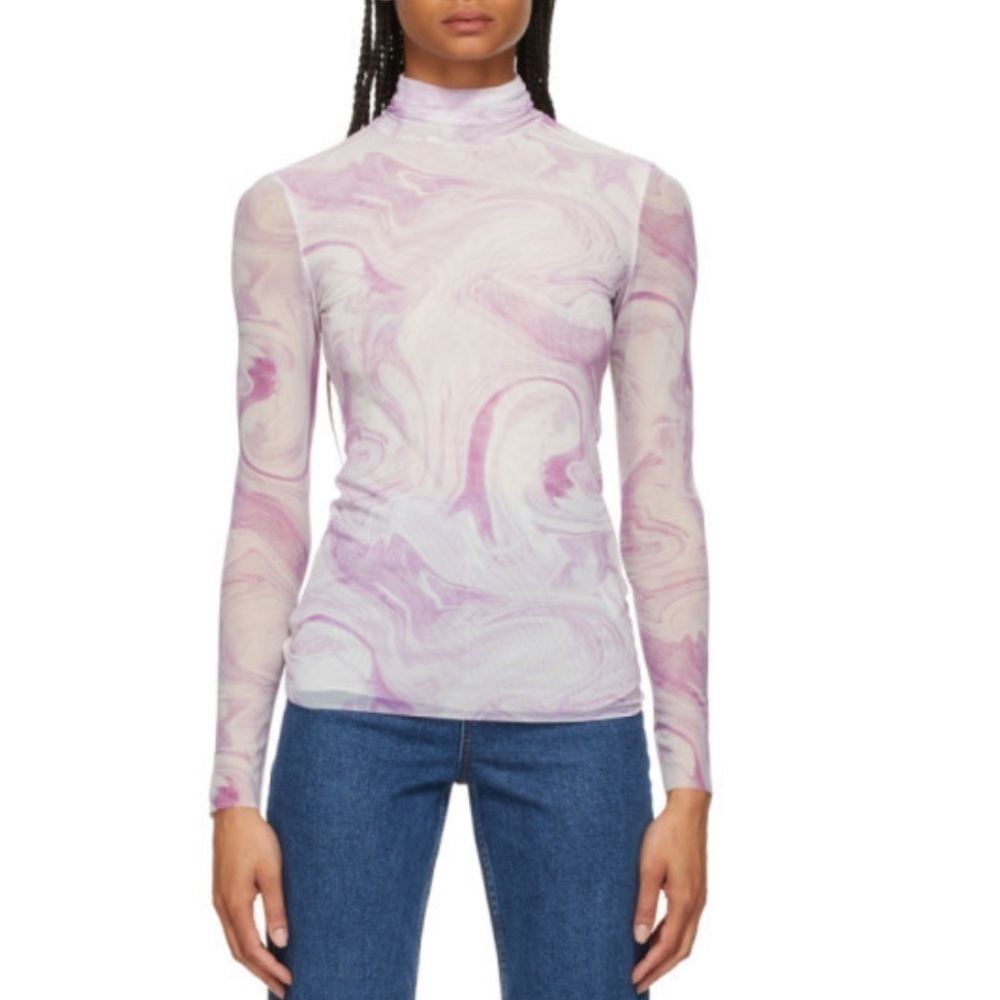 Ganni- Purple and White Slightly Sheer Marble Long-sleeve Turtleneck Shirt
